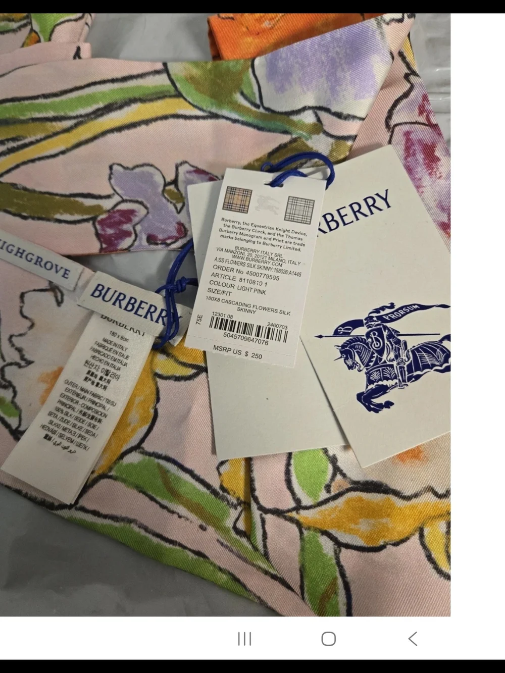 Burberry Skinny Silk Cascading Flowers Scarf Light Pink NWT